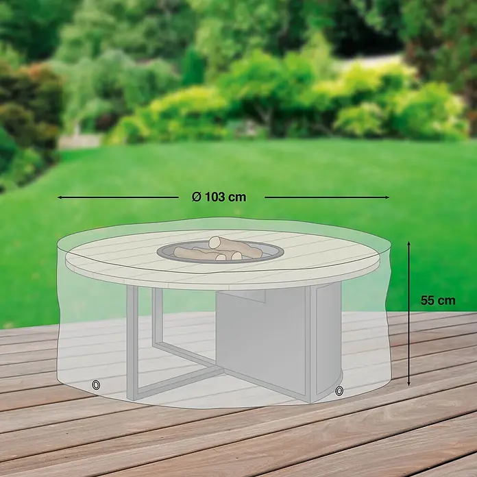 Mehr Garten Gartentisch-Schutzhülle - Grau - Transparente Schutzhülle für einen runden Feuertisch auf einer Terrasse, mit Maßen: Ø 103 cm, H 55 cm.