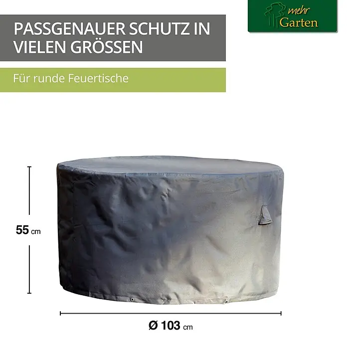 Mehr Garten Gartentisch-Schutzhülle - Grau - Graue Schutzhülle aus Stoff für runde Feuertische, 55 cm hoch, 103 cm Durchmesser.