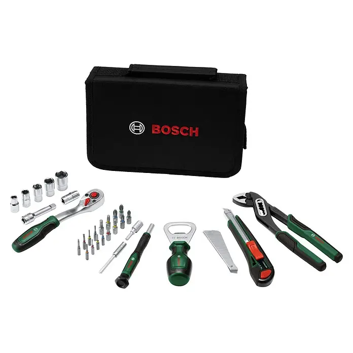 Bosch Adventskalender - Gesamtumfang: 44 -tlg. - Ein Bosch Werkzeugset mit schwarzer Tasche, silberner Ratsche, grün/schwarzem Schraubendreher, Zange, Cutter und diversen Bits und Steckschlüsseln.