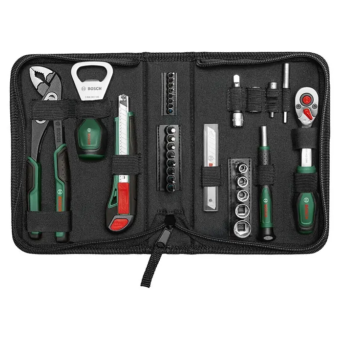 Bosch Adventskalender - Gesamtumfang: 44 -tlg. - Bosch Werkzeugkoffer in Schwarz mit grünen und schwarzen Handwerkzeugen wie Zangen, Cuttermesser, Ratsche, Stecknüssen und Schrauberbits.