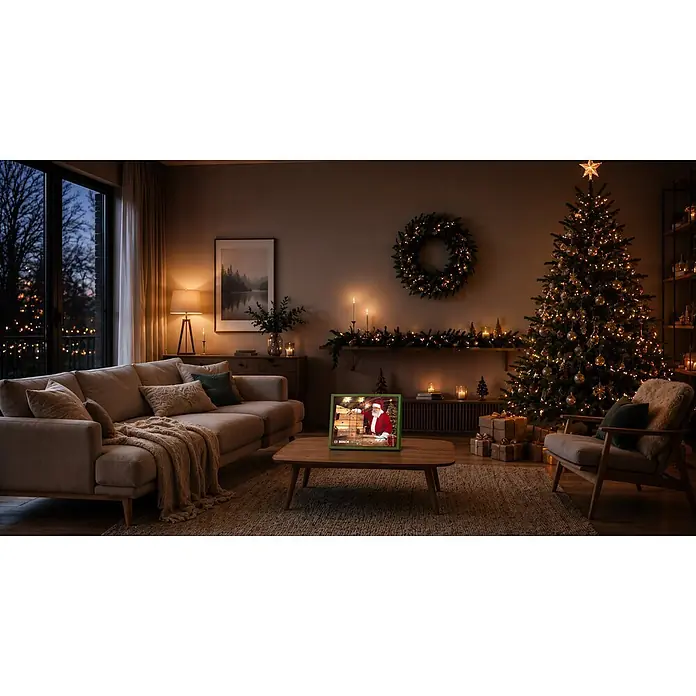 Bosch Adventskalender - Gesamtumfang: 44 -tlg. - Ein digitaler Adventskalender mit grünem Rahmen, der den Weihnachtsmann und nummerierte Türchen zeigt, auf einem Couchtisch im festlichen Wohnzimmer.