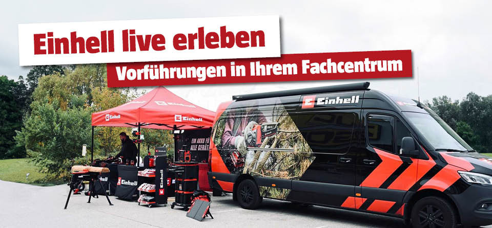 Einhell Pavillon und Sprinter am Parkplatz mit Produkten