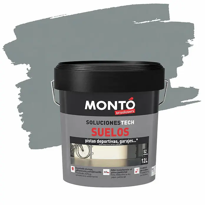 Montó Pintura para suelos Expresa - Gris, 12 l, Mate sedoso - Bote de pintura para suelos Montó gris de 12L con tapa negra, alta resistencia y acabado decorativo para pistas y garajes.