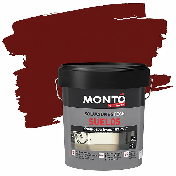 Montó Pintura para suelos Expresa - Rojo, 12 l, Mate sedoso - Pintura para suelos rojo oscuro en un cubo Montó negro y gris para pistas deportivas y garajes.