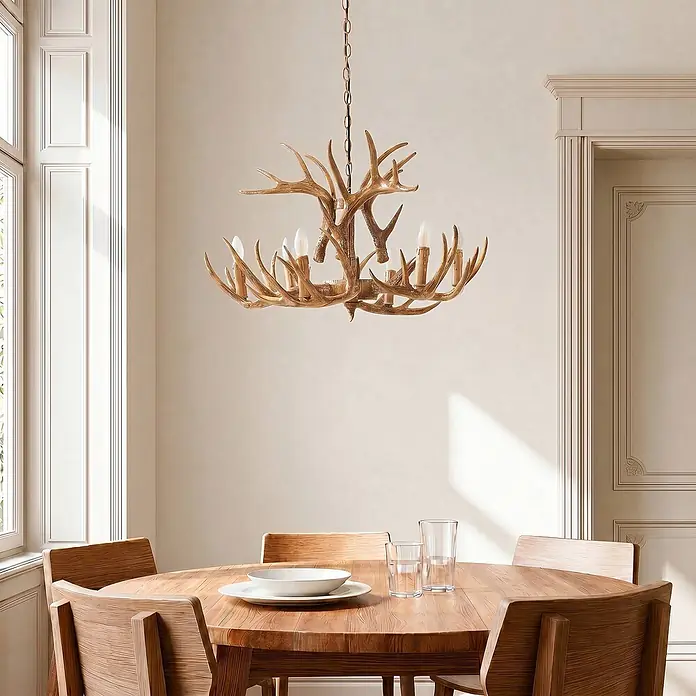Lindby Pendelleuchte Fibi - braun / rost, braun rustikal, E14 - Brauner, holzfarbener Geweih-Kronleuchter hängt über einem Holztisch in einem Esszimmer.