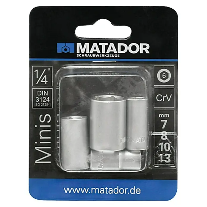 Matador Steckschlüsseleinsatz-Set - Außensechskant, Schlüsselweite: 7 mm - 13 mm - Matador Mini Steckschlüssel-Satz mit Größen von 7 bis 13 mm und 1/4"-Antrieb, ideal für präzise Schraubarbeiten.