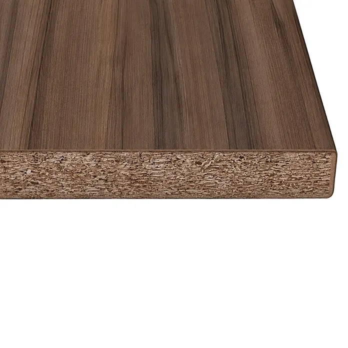 Arbeitsplatte - Tiepolo Walnuss, 260 x 61 x 2,8 cm - Dunkle Holzspanplatte mit Maserung, zeigt Oberfläche und Kern.