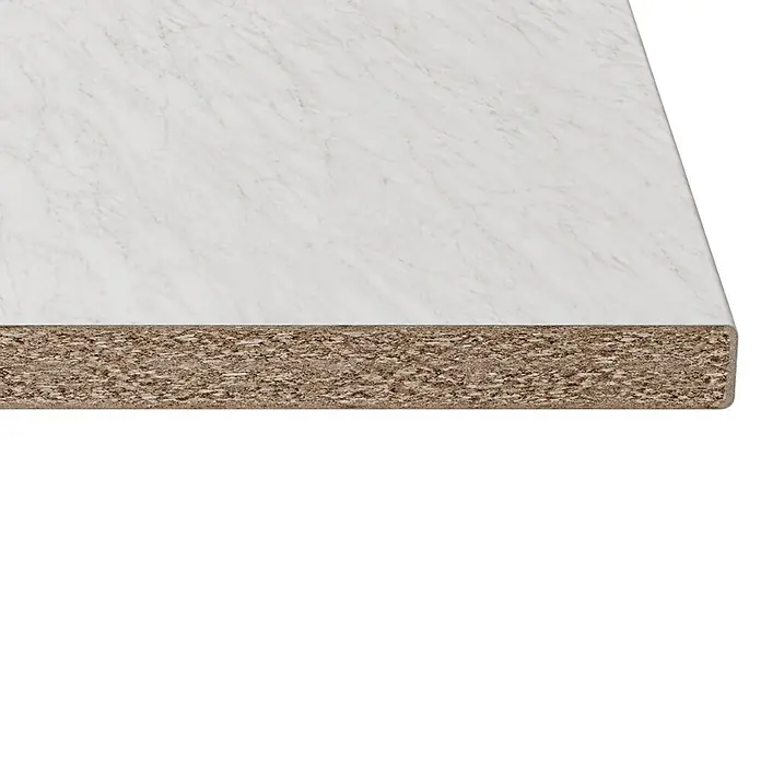 Arbeitsplatte - Marmor, 260 x 61 x 2,8 cm - Weiße Marmorlaminatplatte mit sichtbarem Spanplattenkern.
