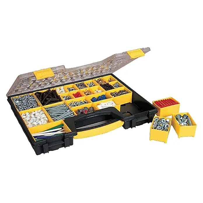 Stanley Estuche para piezas pequeñas - Número de compartimentos: 25 ud., Sin contenido - Una caja organizadora abierta llena de tornillos, clavos y otros accesorios, junto con algunos contenedores amarillos.
