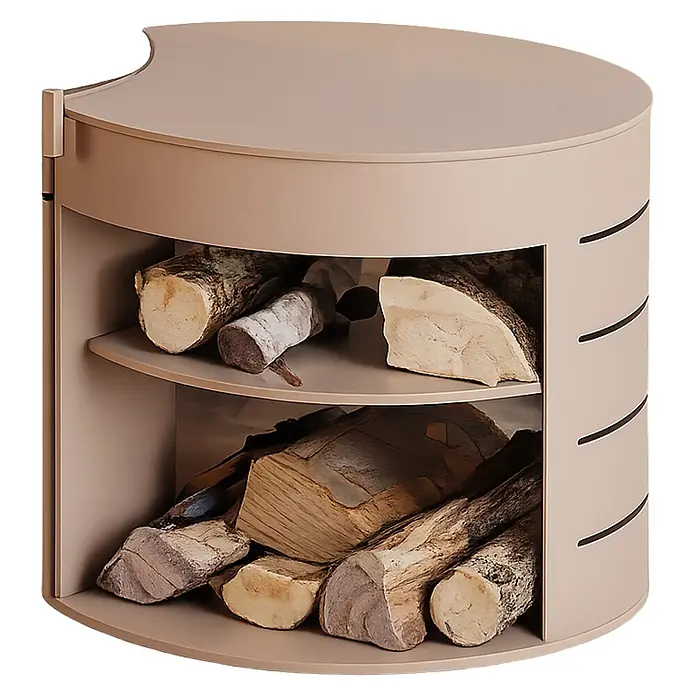 Kaminholzregal Magnolia - Beige, Braun, Passend für: Kaminofen Waleria HSC RLU - Beigefarbenes halbrundes Holzregal mit zwei Ablagen, gefüllt mit Brennholz.