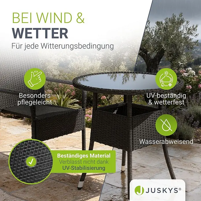 Juskys Gartentisch rund Yoro - Ø x H: 60 x 73 cm, Polyrattan, Schwarz - Dunkles Rattan-Gartenset mit Glastisch und passenden Stühlen, wetterfest und pflegeleicht für den Außenbereich.