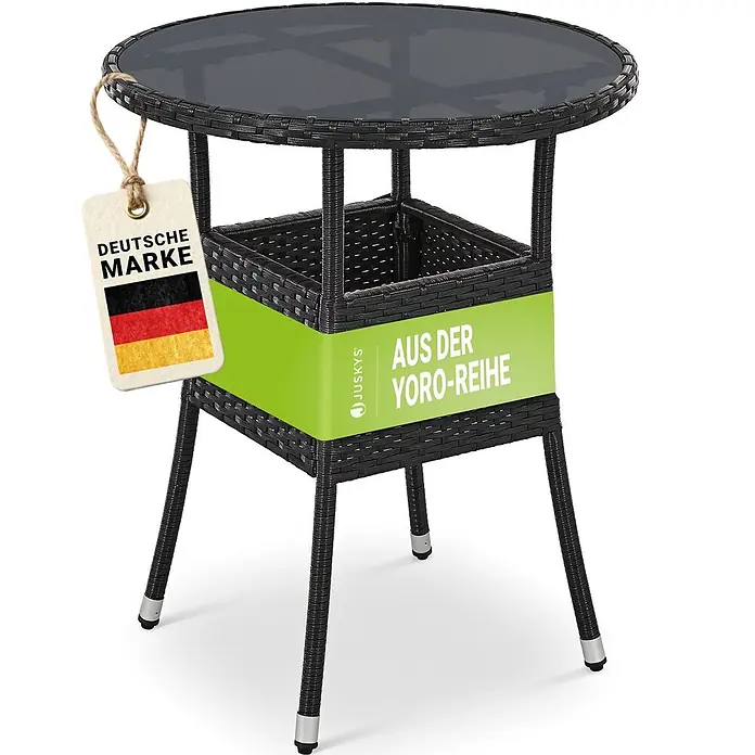 Juskys Gartentisch rund Yoro - Ø x H: 60 x 73 cm, Polyrattan, Schwarz - Schwarz geflochtener Bistrotisch mit dunkler Glasplatte und integriertem Stauraum.