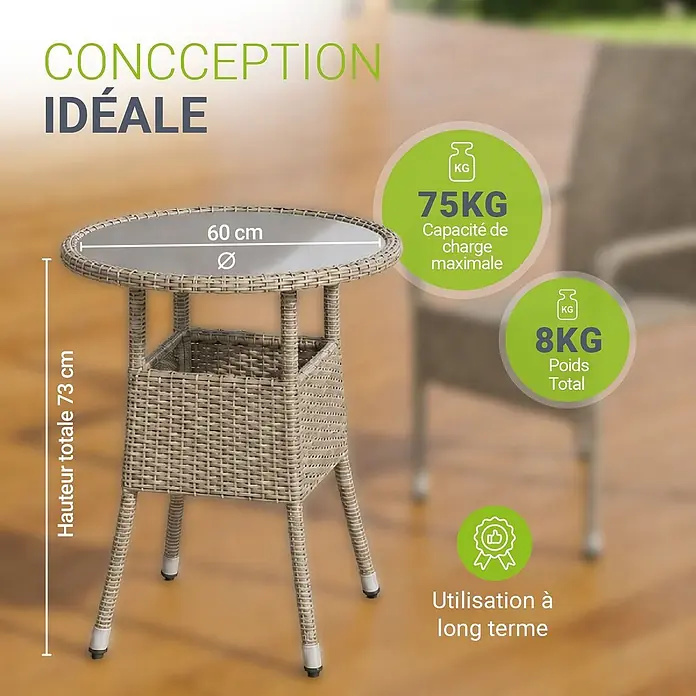 Juskys Gartentisch rund Yoro - Ø x H: 60 x 73 cm, Polyrattan, Grau - Beiger Rattan-Beistelltisch mit Glasplatte. Ø 60cm, H 73cm, 75kg max. Belastung, 8kg Gesamtgewicht, langlebig für den Außenbereich.
