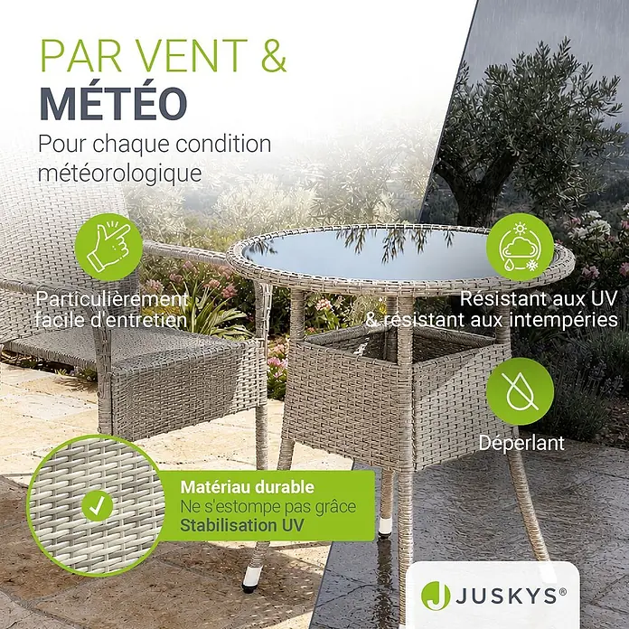Juskys Gartentisch rund Yoro - Ø x H: 60 x 73 cm, Polyrattan, Grau - Hellgraues Geflecht-Gartenmöbelset aus Rattan (Tisch, Stühle) auf nasser Terrasse, wetterfest.