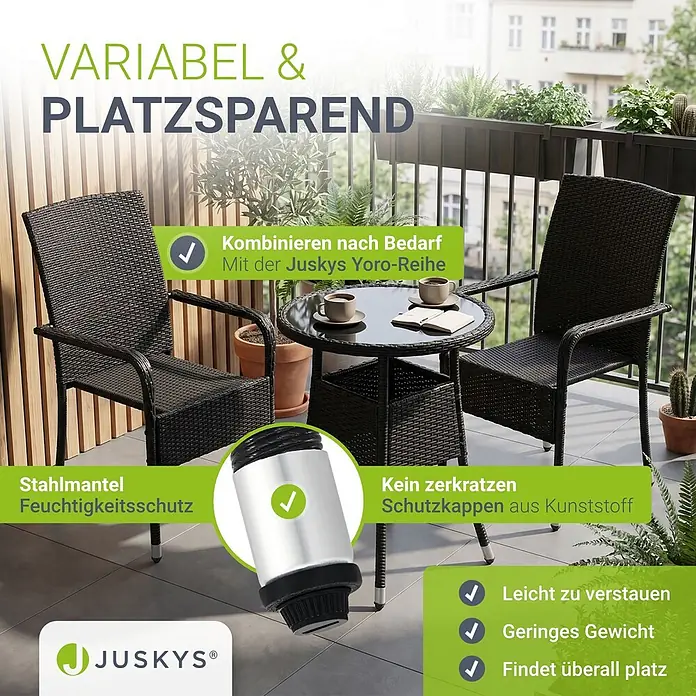 Juskys Gartentisch rund Yoro - Ø x H: 60 x 73 cm, Polyrattan, Schwarz - Dunkles Balkonmöbel-Set im Rattan-Look mit zwei Stühlen und Glastisch, das Schutz und platzsparende Lagerung hervorhebt.