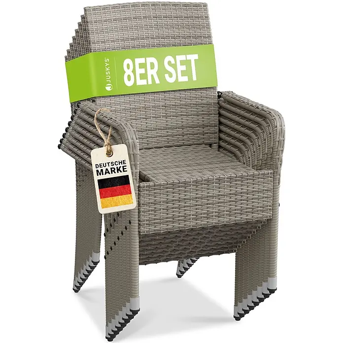 Juskys Gartenstuhl-Set Yoro - 8 Stk., Polyrattan, Stapelbar, Grau, B x T x H: 50 x 50 x 90 cm - 8 stapelbare graue Polyrattan-Stühle.