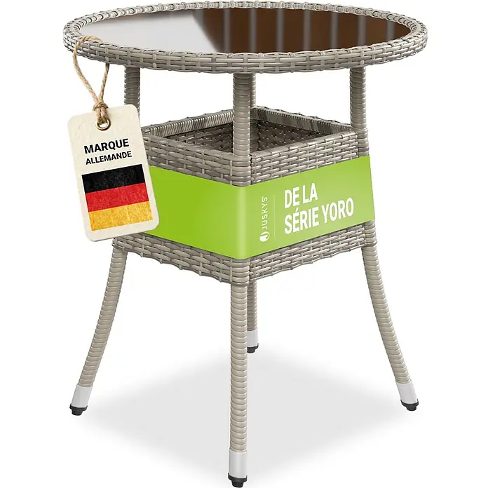 Juskys Gartentisch rund Yoro - Ø x H: 60 x 73 cm, Polyrattan, Grau - Kleiner runder Gartentisch in grauer Rattan-Optik mit Glasplatte, Ablagekorb und deutscher Markenplakette. Aus der Juskys Yoro Serie.