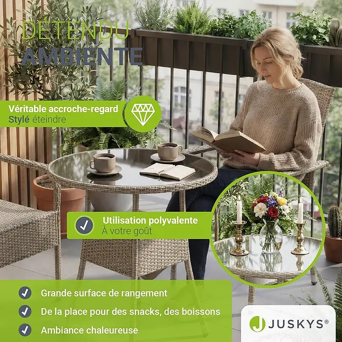 Juskys Gartentisch rund Yoro - Ø x H: 60 x 73 cm, Polyrattan, Grau - Balkonmöbel-Set aus Polyrattan-Geflecht mit Glastischplatte, genutzt zum Entspannen und Lesen auf einem Balkon.