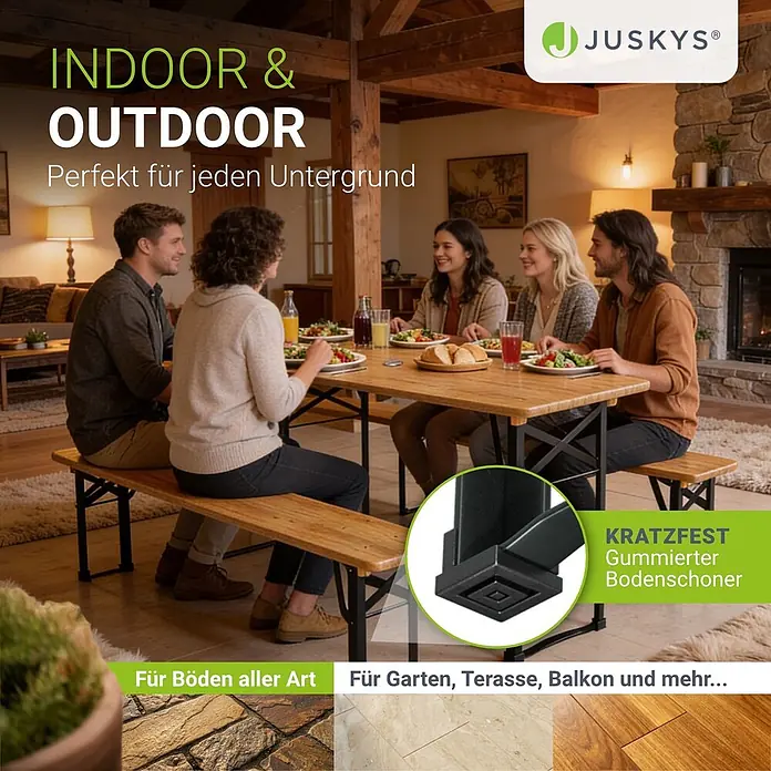 Juskys Gartenbank Bierzeltgarnitur - B x T x H: 46 x 170 x 77 cm, Braun - Ein Holztisch mit Bänken, von Personen zum Essen genutzt, zeigt einen kratzfesten Bodenschoner. Für drinnen & draußen auf jedem Untergrund.