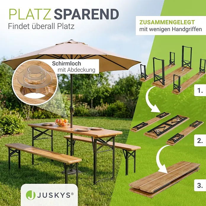 Juskys Gartenbank Bierzeltgarnitur - B x T x H: 46 x 170 x 77 cm, Braun - Klappbare Holz-Biergartengarnitur mit Metallgestell, Schirmloch und platzsparendem Design.