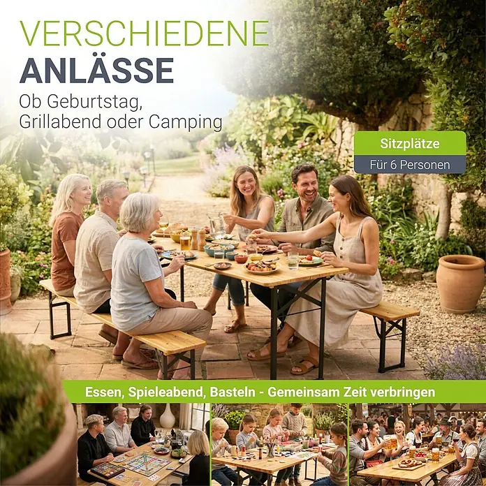 Juskys Gartenbank Bierzeltgarnitur - B x T x H: 46 x 170 x 77 cm, Braun - Hölzerner Biertisch mit Bänken für 6 Personen, genutzt für Feste, Spieleabende oder Camping.