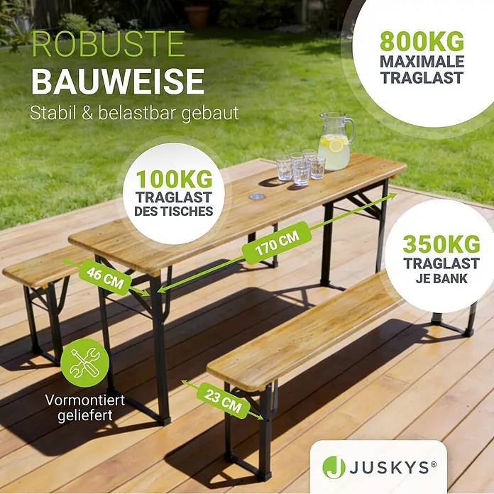 Juskys Gartenbank Bierzeltgarnitur - B x T x H: 46 x 170 x 77 cm, Braun - Robustes, vormontiertes Biergarten-Set aus Holz mit Tisch und zwei Bänken auf einer Holzterrasse.