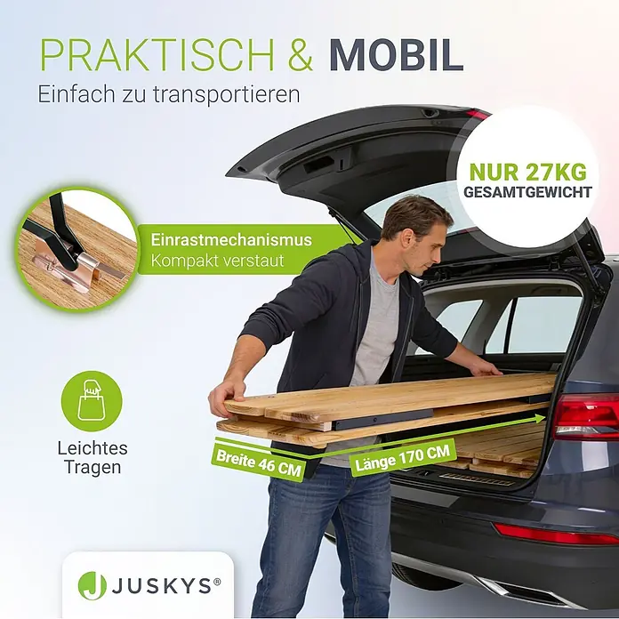 Juskys Gartenbank Bierzeltgarnitur - B x T x H: 46 x 170 x 77 cm, Braun - Mann lädt klappbaren Holztisch (170x46cm, 27kg) in Kofferraum, zeigt einfachen Transport.