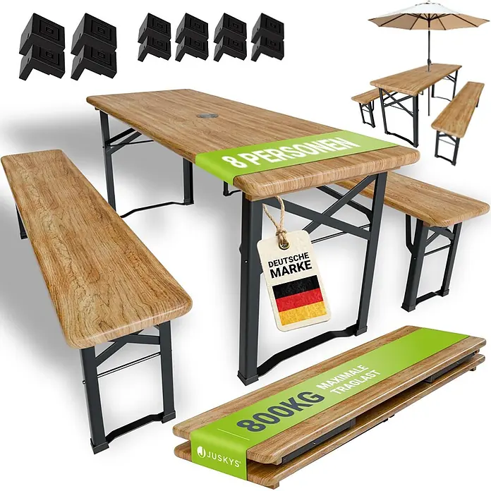 Juskys Gartenbank Bierzeltgarnitur - B x T x H: 46 x 170 x 77 cm, Braun - Klappbarer Biergartentisch aus Holz mit zwei passenden Bänken und schwarzen Metallgestellen.