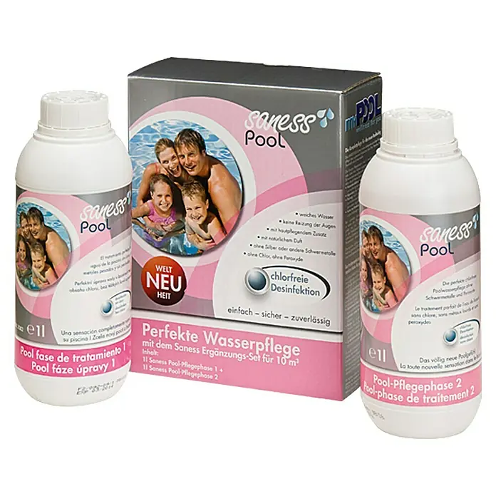Saness Ergänzungs-Set Pool - Geeignet für: Pools - Saness Pool Wasserpflege Set zur chlorfreien Desinfektion, bestehend aus Phase 1 und Phase 2 für weiches Wasser und natürliche Duftstoffe.
