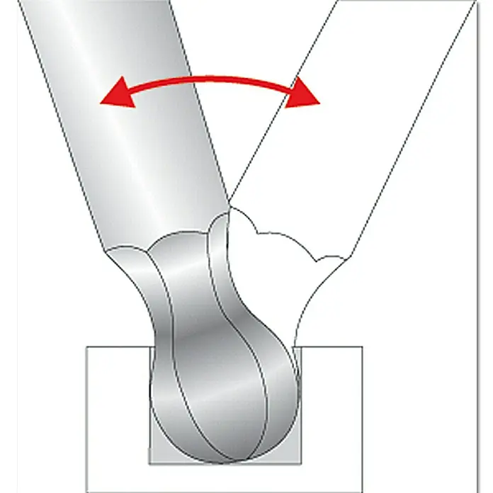 Matador Stiftschlüsselsatz Lang - 9 -tlg., Schlüsselweite: 1,5 mm - 10 mm - Illustration eines Kugelgelenks, das sich in einer Pfanne dreht, mit einem roten Pfeil, der die Bewegung anzeigt.