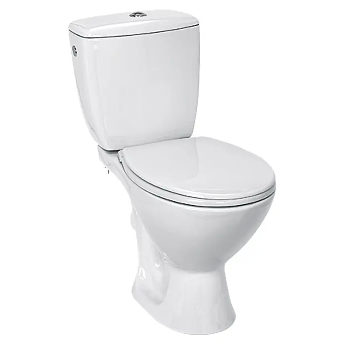 Stand-WC-Kombination Koral - Mit Spülrand, Ohne Spezialglasur, WC Abgang: Waagerecht, Weiß - Diagonale Ansicht