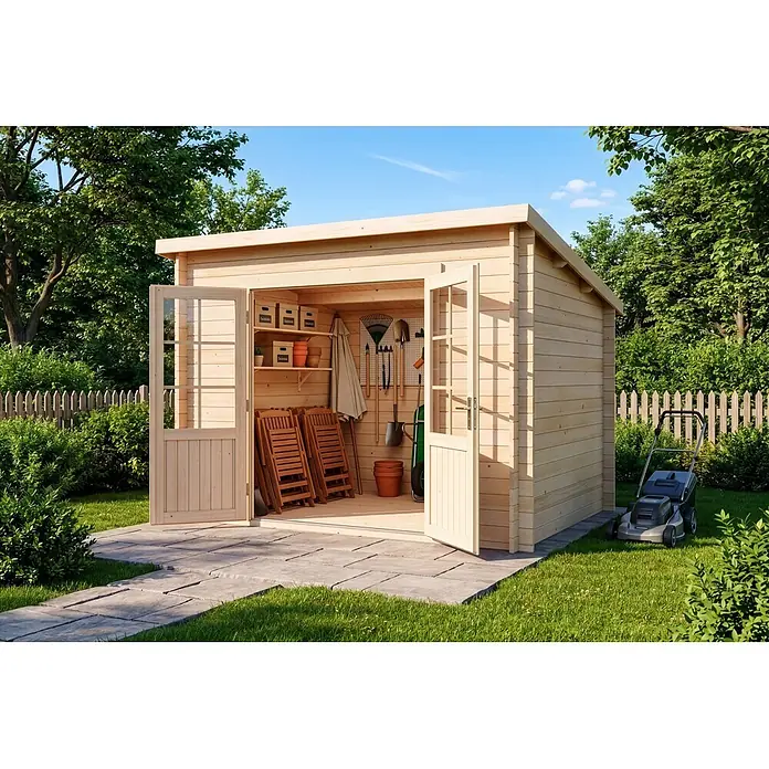 Alpholz Gartenhaus Maria 28mm Wandstärke - Außenmaß inkl. Dachüberstand (B x T): 300 x 272 cm, Holz, Naturbelassen - Helles Holzgartenhaus mit offenen Türen, innen Werkzeuge und Stühle, im Garten.