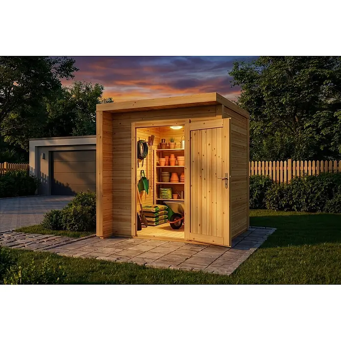 Alpholz Gerätehaus Bratek - Außenbreite inkl. Dachüberstand: 204 cm, Außentiefe inkl. Dachüberstand: 202 cm, Holz, Naturbelassen - Helles Holzhäuschen mit offener Tür, zeigt organisierte Gartengeräte und Tontöpfe innen, in einem Garten in der Abenddämmerung.