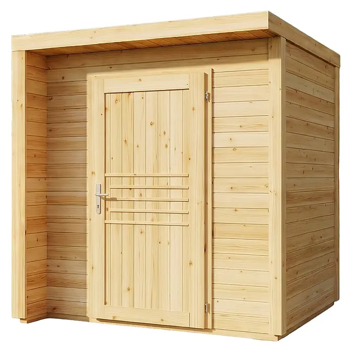 Alpholz Gerätehaus Bratek - Außenbreite inkl. Dachüberstand: 204 cm, Außentiefe inkl. Dachüberstand: 202 cm, Holz, Naturbelassen - Helles Gartenhaus aus Holz mit einer einzelnen Tür und horizontaler Verkleidung.