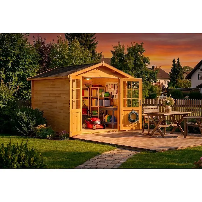 Alpholz Gerätehaus Bremen C - Außenbreite inkl. Dachüberstand: 270 cm, Außentiefe inkl. Dachüberstand: 420 cm, Holz, Pinie - Gartenhaus aus Holz mit geöffneten Türen, das Werkzeuge und einen Rasenmäher zeigt, neben einer Holzterrasse und Garten.