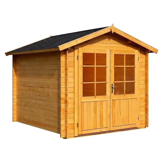 Alpholz Gerätehaus Bremen C - Außenbreite inkl. Dachüberstand: 270 cm, Außentiefe inkl. Dachüberstand: 420 cm, Holz, Pinie - Hellbrauner Holz-Gartenschuppen mit Doppeltüren und Fenstern.