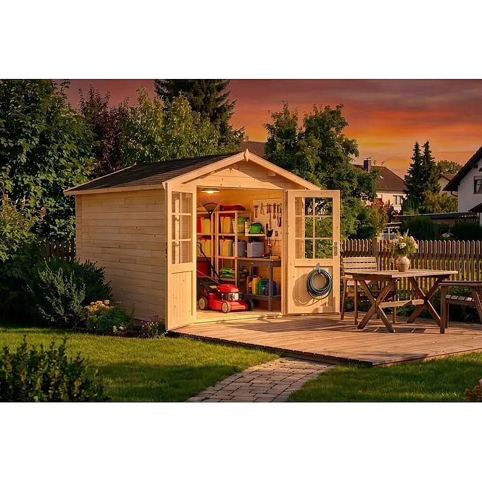 Alpholz Gerätehaus Bremen C - Außenbreite inkl. Dachüberstand: 270 cm, Außentiefe inkl. Dachüberstand: 420 cm, Holz, Naturbelassen - Ein heller Holz-Gartenschuppen mit offenen Türen, der organisierte Gartengeräte und einen roten Rasenmäher zeigt, neben einer Holzterrasse in einem lebhaften Garten.