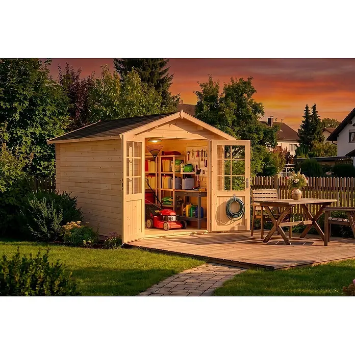 Alpholz Gerätehaus Bremen C - Außenbreite inkl. Dachüberstand: 270 cm, Außentiefe inkl. Dachüberstand: 420 cm, Holz, Naturbelassen - Geräteschuppen aus Holz mit offenen Türen, Werkzeugen und Rasenmäher innen. Daneben eine Terrasse im grünen Garten.