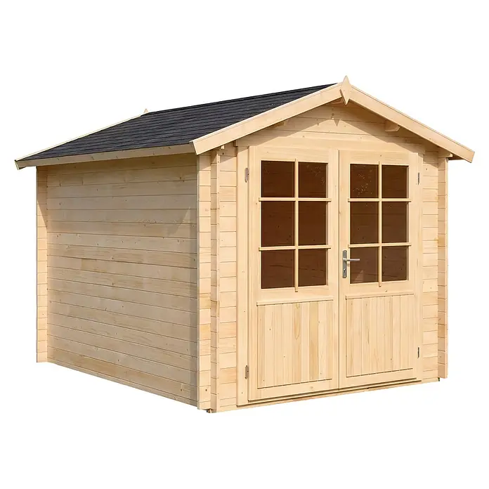 Alpholz Gerätehaus Bremen C - Außenbreite inkl. Dachüberstand: 270 cm, Außentiefe inkl. Dachüberstand: 420 cm, Holz, Naturbelassen - Helles Holzgartenhaus mit dunklem Dach und doppelten Glastüren.