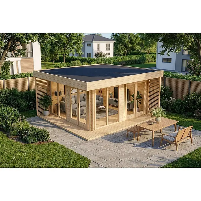 Alpholz Gartenhaus Viva A 44mm Wandstärke - Außenmaß inkl. Dachüberstand (B x T): 480 x 472 cm, Holz, Naturbelassen - Modernes Gartenhaus aus hellem Holz mit Flachdach und großen Glastüren, als Outdoor-Wohnraum mit Möbeln.