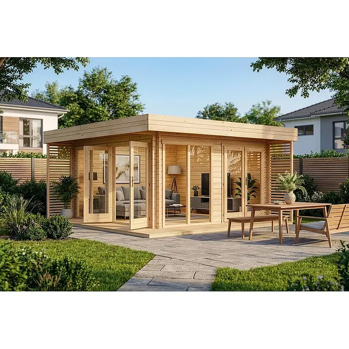 Alpholz Gartenhaus Viva A 44mm Wandstärke - Außenmaß inkl. Dachüberstand (B x T): 480 x 472 cm, Holz, Naturbelassen - Helles Holz-Gartenzimmer mit großen Glastüren, als Wohnraum im Freien eingerichtet, auf einer Gartenterrasse.