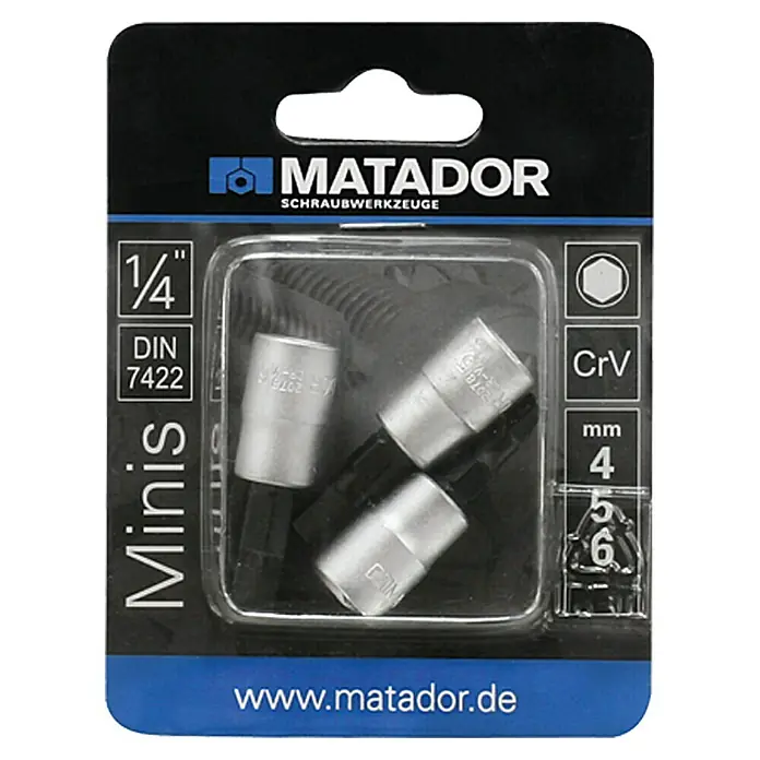 Matador Steckschlüsseleinsatz-Set - Innensechskant, Schlüsselweite: 4 mm - 6 mm - Matador Mini Steckschlüsseleinsätze, 1/4 Zoll, DIN 7422, Größen 4, 5 und 6 mm, aus CrV-Stahl für Schraubwerkzeuge.