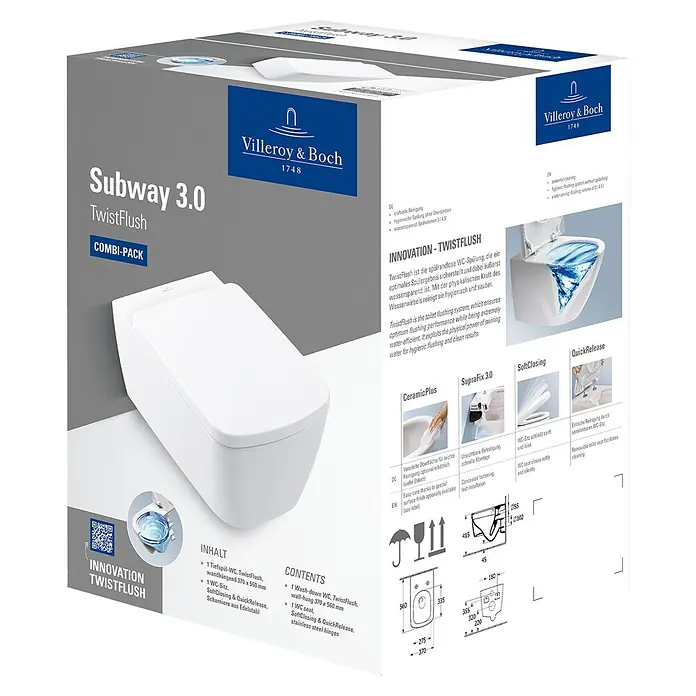 Villeroy & Boch Subway 3.0 Wand-WC-Set - Spülrandlos, Ohne Spezialglasur, Spülform: Tief, WC Abgang: Waagerecht, Weiß Alpin, Eckig - Villeroy & Boch Subway 3.0 TwistFlush Wand-WC Kombi-Pack. Weißes Keramik-WC mit SoftClosing, QuickRelease Sitz und Edelstahlscharnieren.