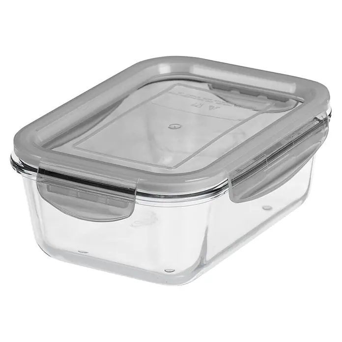 SmartStore Vorratsdose Glass Food - L x B x H: 17,5 x 13 x 7 cm, Kunststoff, Transparent - Klarer, rechteckiger Lebensmittelbehälter mit grauem, luftdichtem Deckel und transparenten Verschlussclips.