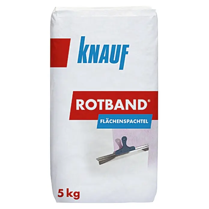 Knauf Rotband Flächenspachtel - 5 kg - Knauf Rotband Flächenspachtel 5kg Sack, ein hochwertiger Gipsputz zum Glätten von Wänden und Decken im Innenbereich, ideal für glatte Oberflächen.
