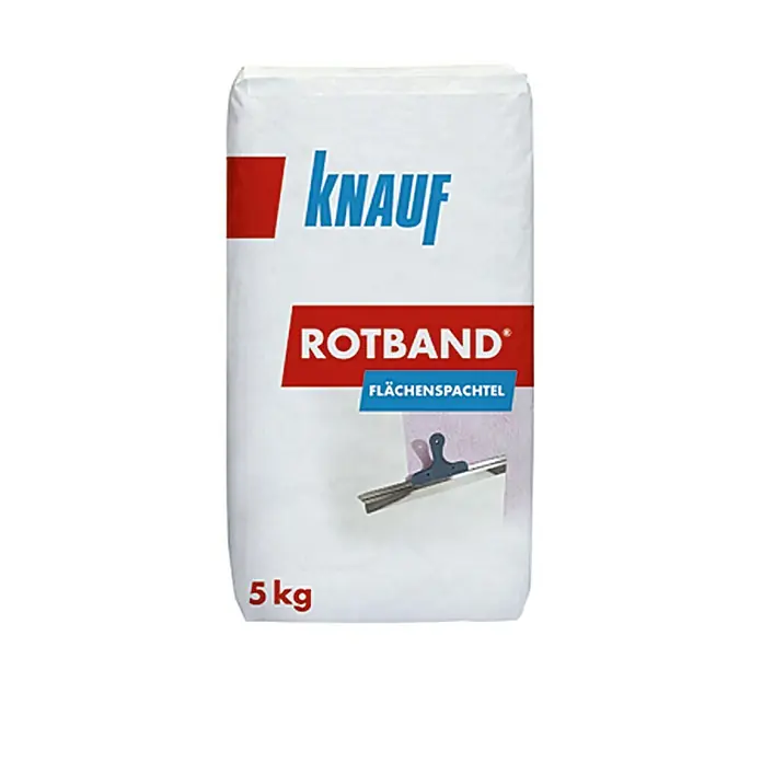 Knauf Rotband Flächenspachtel - 5 kg - Knauf Rotband Flächenspachtel 5kg Sack, ein hochwertiger Gipsputz zum Glätten von Wänden und Decken im Innenbereich, ideal für glatte Oberflächen.