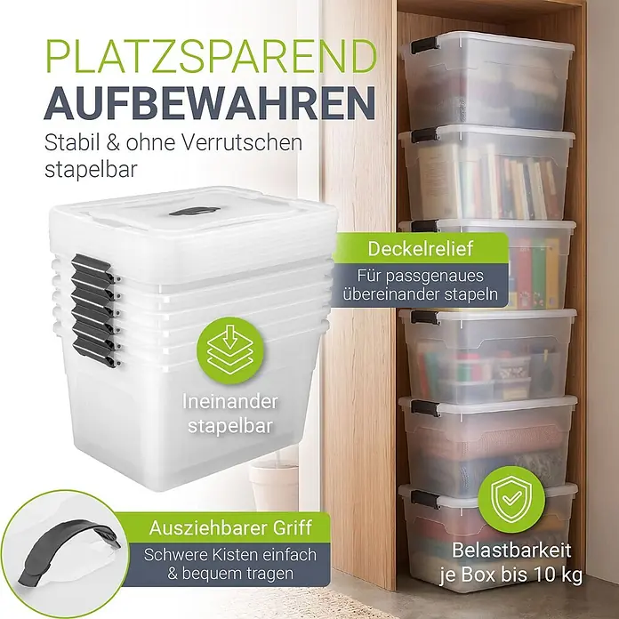 Juskys Aufbewahrungsbox-Set Aufbewahrungsbox - L x B x H: 45 x 33 x 26 cm, Kunststoff, weiß, 6 Stk. - Klare Kunststoff-Aufbewahrungsboxen mit schwarzen Griffen, gestapelt und ineinander verschachtelt, zur Organisation von Gegenständen in einem Schrank.