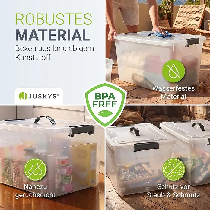 Juskys Aufbewahrungsbox-Set Aufbewahrungsbox - L x B x H: 45 x 33 x 26 cm, Kunststoff, weiß, 6 Stk. - Robuste, durchsichtige Kunststoff-Aufbewahrungsboxen mit schwarzen Griffen, gezeigt mit verschiedenen Gegenständen. BPA-frei, wasserdicht und schützend.