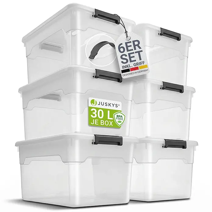 Juskys Aufbewahrungsbox-Set Aufbewahrungsbox - L x B x H: 45 x 33 x 26 cm, Kunststoff, weiß, 6 Stk. - Sechs klare Plastik-Aufbewahrungsboxen mit schwarzen Griffen und Verschlüssen, gestapelt. Jede Box fasst 30L.
