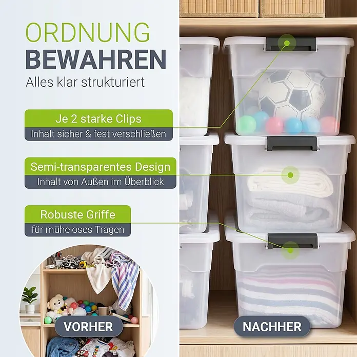 Juskys Aufbewahrungsbox-Set Aufbewahrungsbox - L x B x H: 45 x 33 x 26 cm, Kunststoff, Weiß, 4 Stk. - Transparente Aufbewahrungsboxen mit dunklen Clips und Griffen, ordentlich in einem Holzschrank arrangiert.